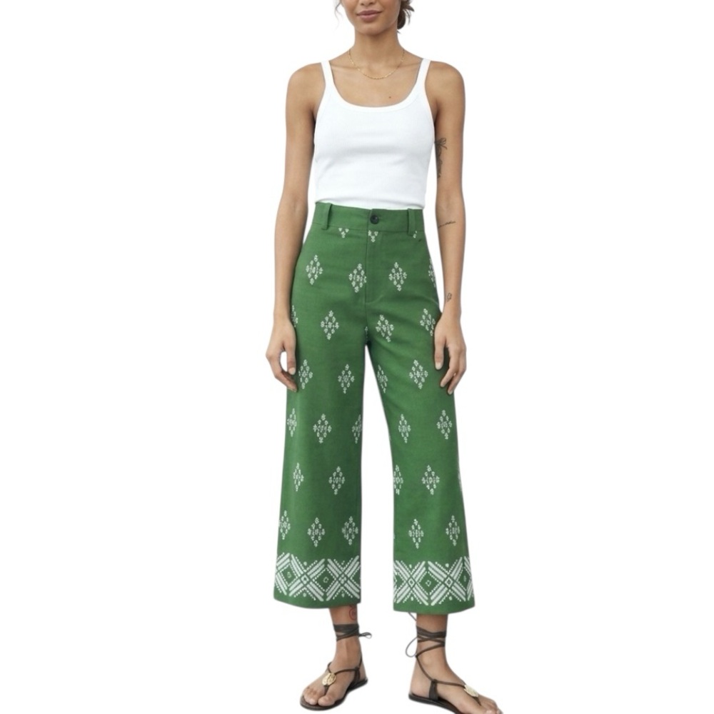 Zara Linen Blend Pants Embroidered Crop